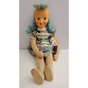 Vintage Sutton Doll Blue Hair Celluloid Face Cloth Stuffed Jointed 16"